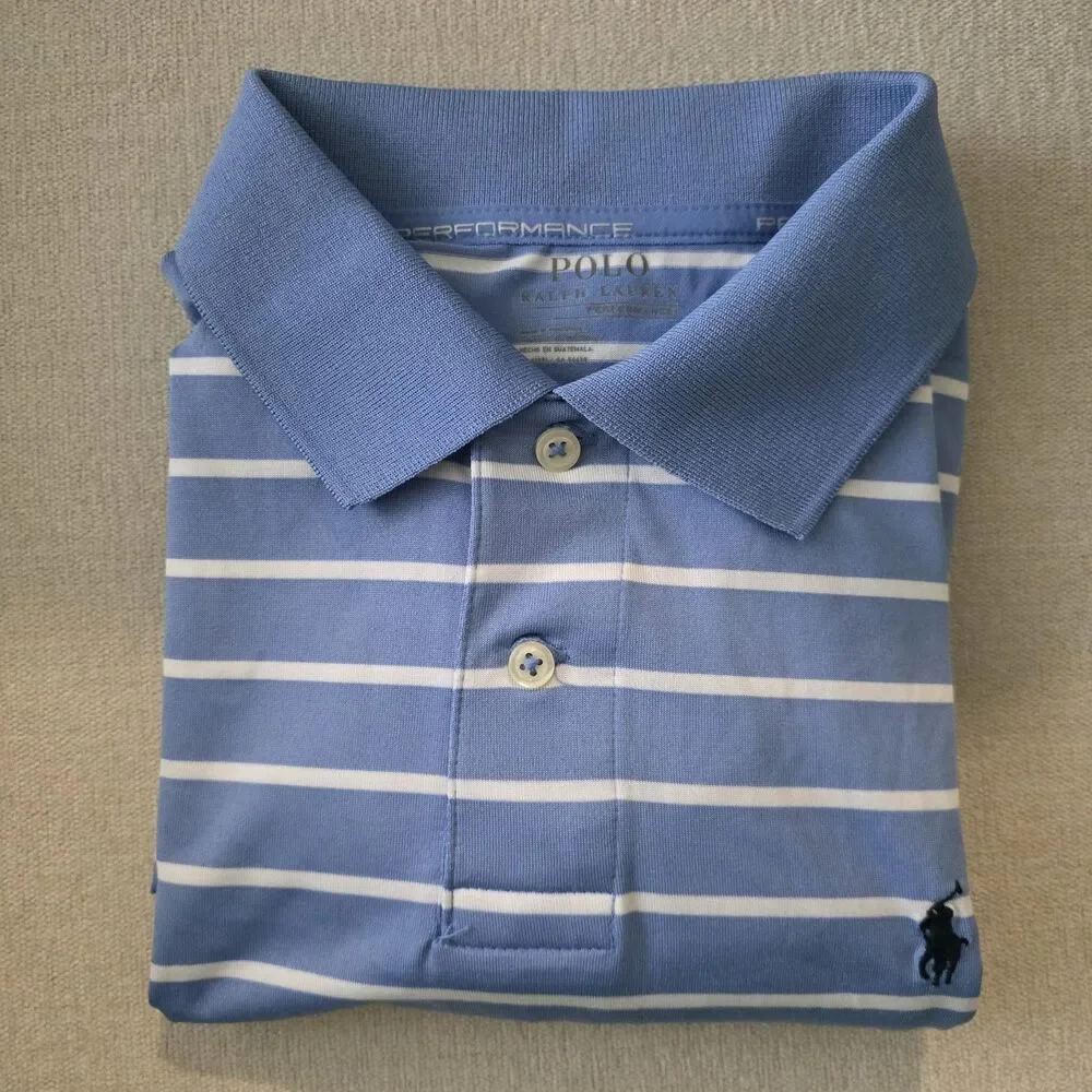 Ralph Lauren Boys Large Performance Polo Blue White Striped